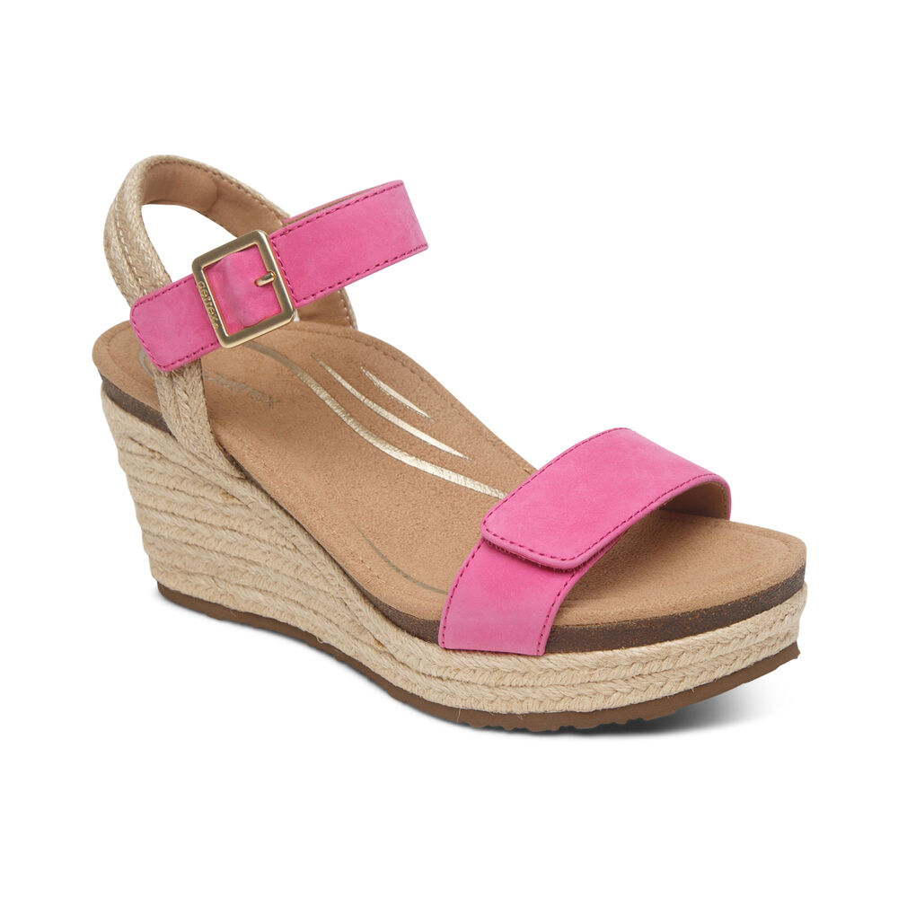 Aetrex Women's Sydney Quarter Strap Espadrille Wedge Sandals - Azalea | USA GXZU8AX